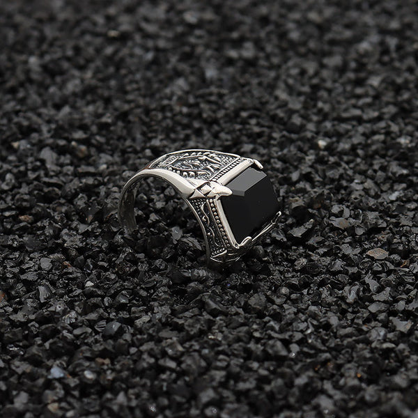 925 Sterling Silver Black Onyx Ring with Engraved Flower for Men ...