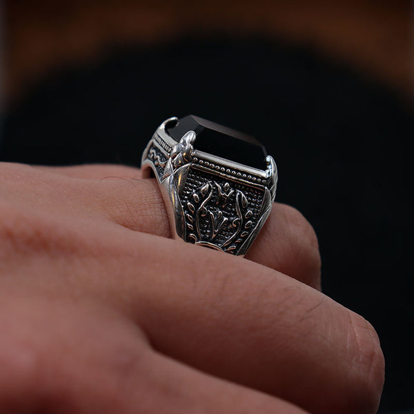 925 Sterling Silver Black Onyx Ring with Engraved Flower for Men – Innovato  Design