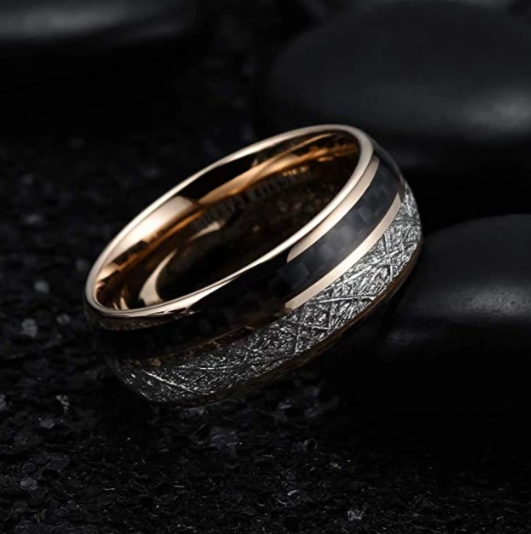 8mm Rose Gold Tungsten Carbon Fiber Meteorite Wedding Band - Innovato ...