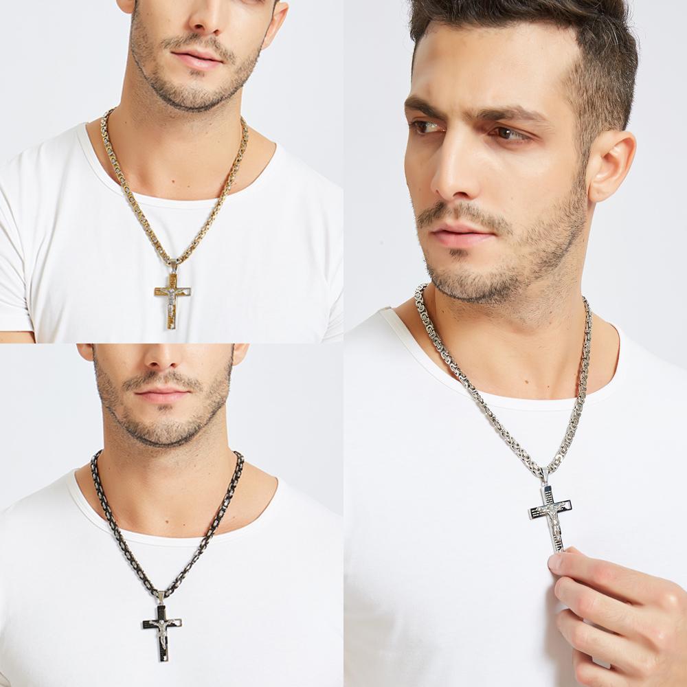 Men’s Stainless Steel Two-Tone Jesus Cross Pendant on Byzantine Chain ...