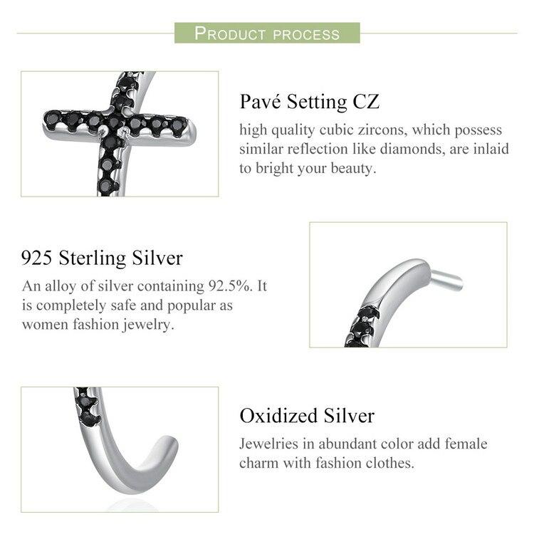925 Sterling Silver Cross Hoop Earrings with Black Zircon - Innovato Design