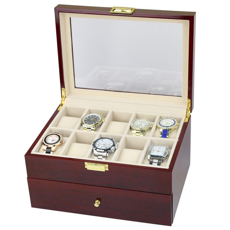 Dark Brown Wood Finish Watch Case Display 2 Layer Storage - Innovato Design