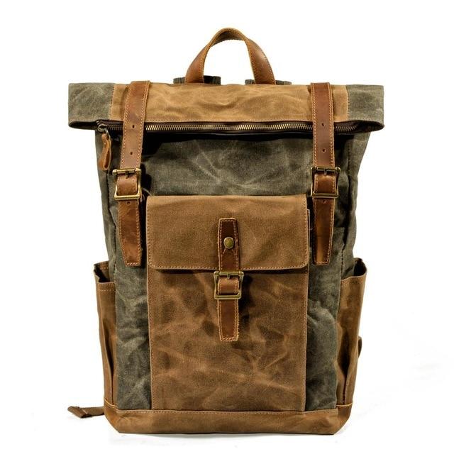 Oil Waxed Vintage Canvas and Genuine Leather Waterproof Travel Backpac ...