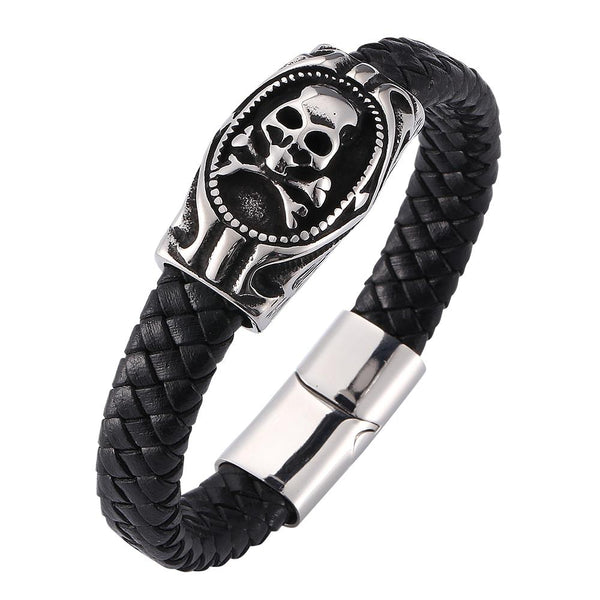 Black Braided Leather Stainless Steel Skull and Crossbones Bracelet ...