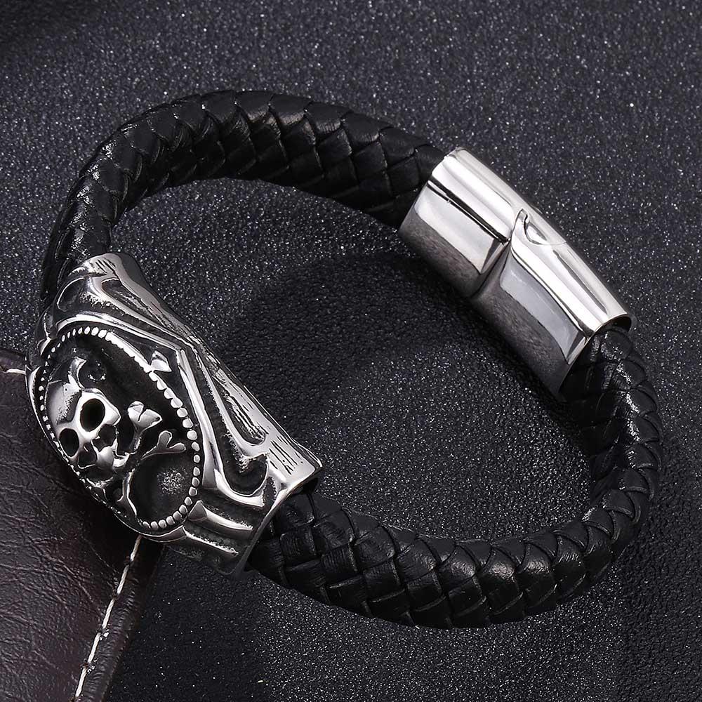 Black Braided Leather Stainless Steel Skull and Crossbones Bracelet ...