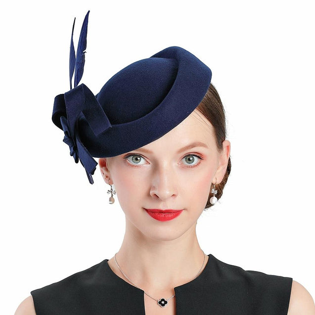 Blue Wool Pillbox Fascinator Hat with Blue Feathers - Innovato Design