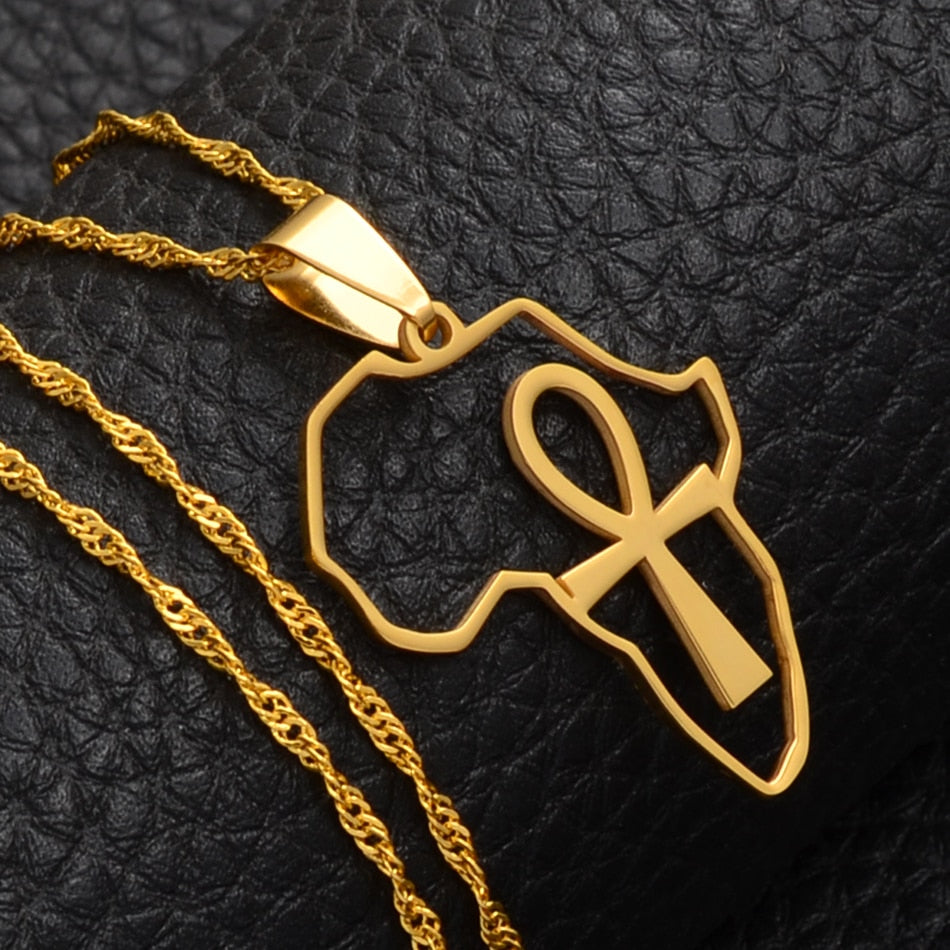 Gold/Silver-Plated Africa Map & Ankh Pendant Necklace - Innovato Design