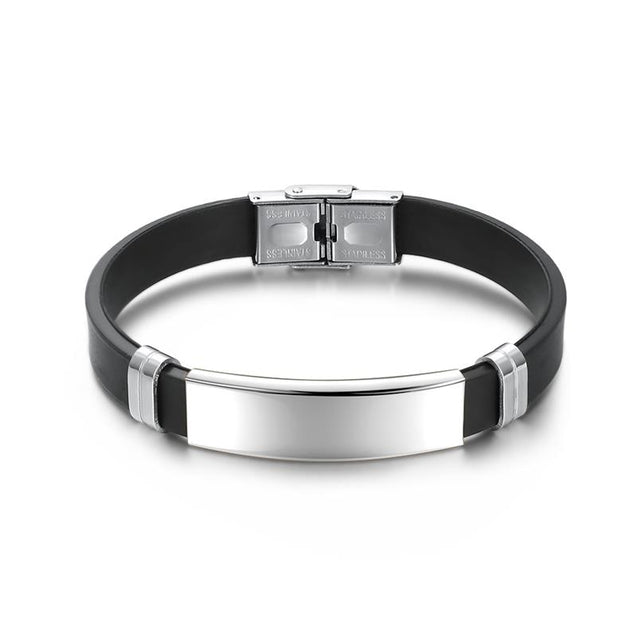 Custom Engrave Smooth Black Leather and Stainless Steel Fashion Bracel ...