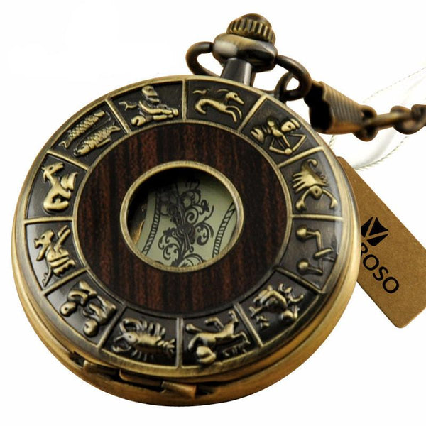 Zodiac Antique Wooden Pocket Watch with Chain – Innovato Design