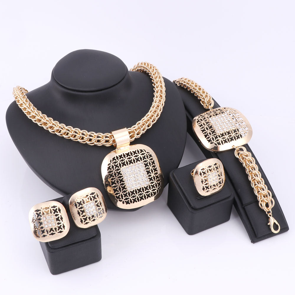 Gold Plated Square Crystal Necklace Bracelet Earrings And Ring Wedding Innovato Design