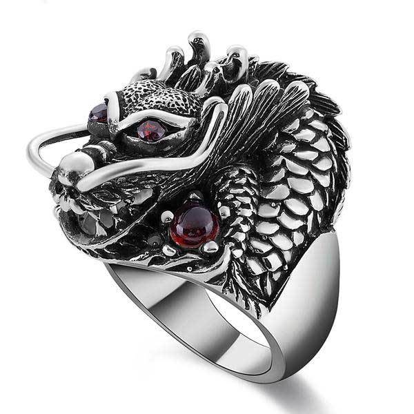 Men's Red-Eye Dragon Ring Solid Sterling 925 Hallmarked Silver Ring wi ...