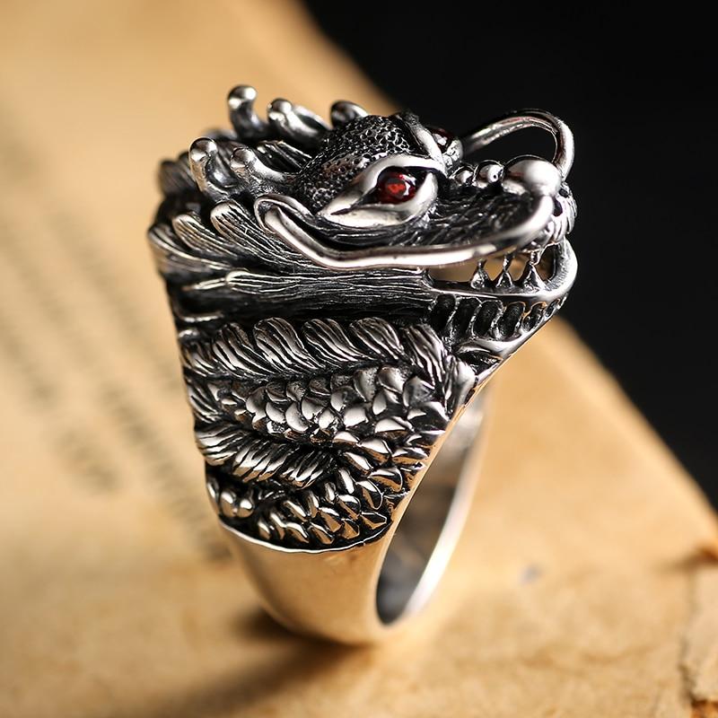 Men's Red-Eye Dragon Ring Solid Sterling 925 Hallmarked Silver Ring wi ...