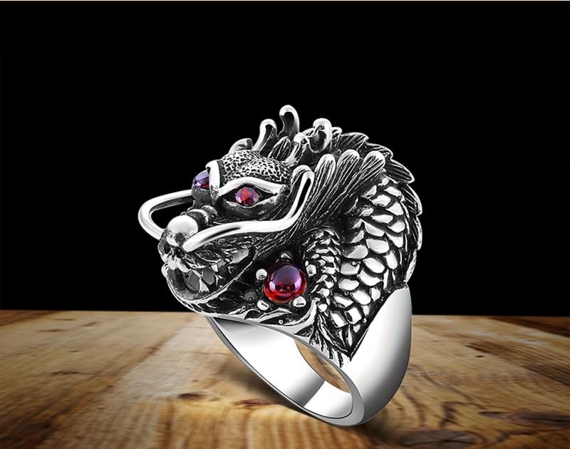 Men's Red-Eye Dragon Ring Solid Sterling 925 Hallmarked Silver Ring wi ...