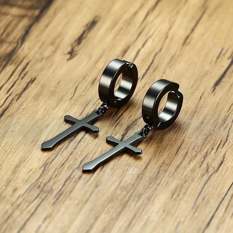 Men's Stainless Steel Black Crucifix Drop Earrings - Innovato Design