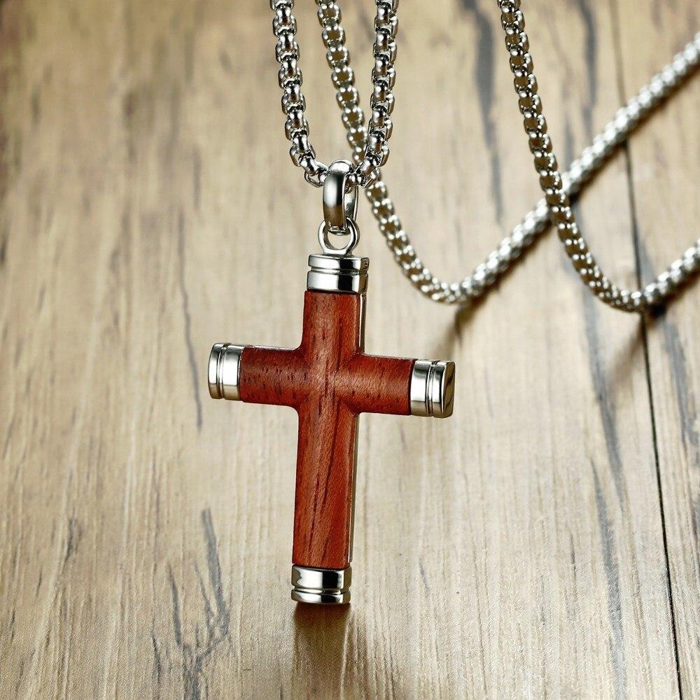 Vintage Silver & Rosewood Cross Pendant Necklace with 24" Chain