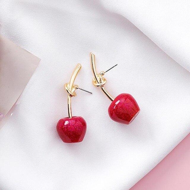 Gold & Red Round Dangle Cherry Earrings - Innovato Design