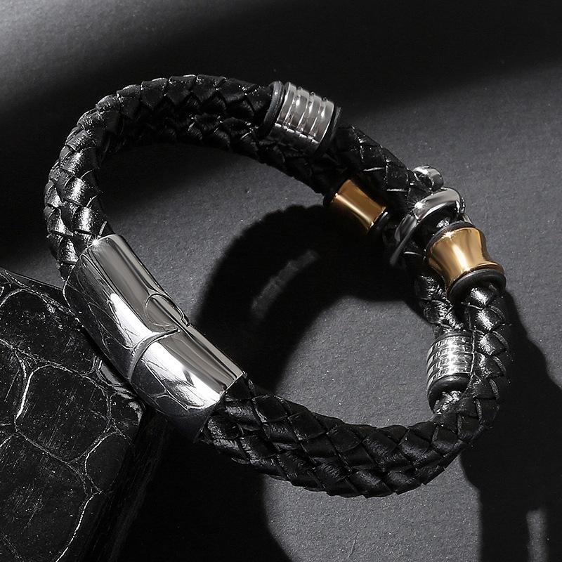 Black Two Strands Braided Genuine Leather Skull Beaded Bracelet ...