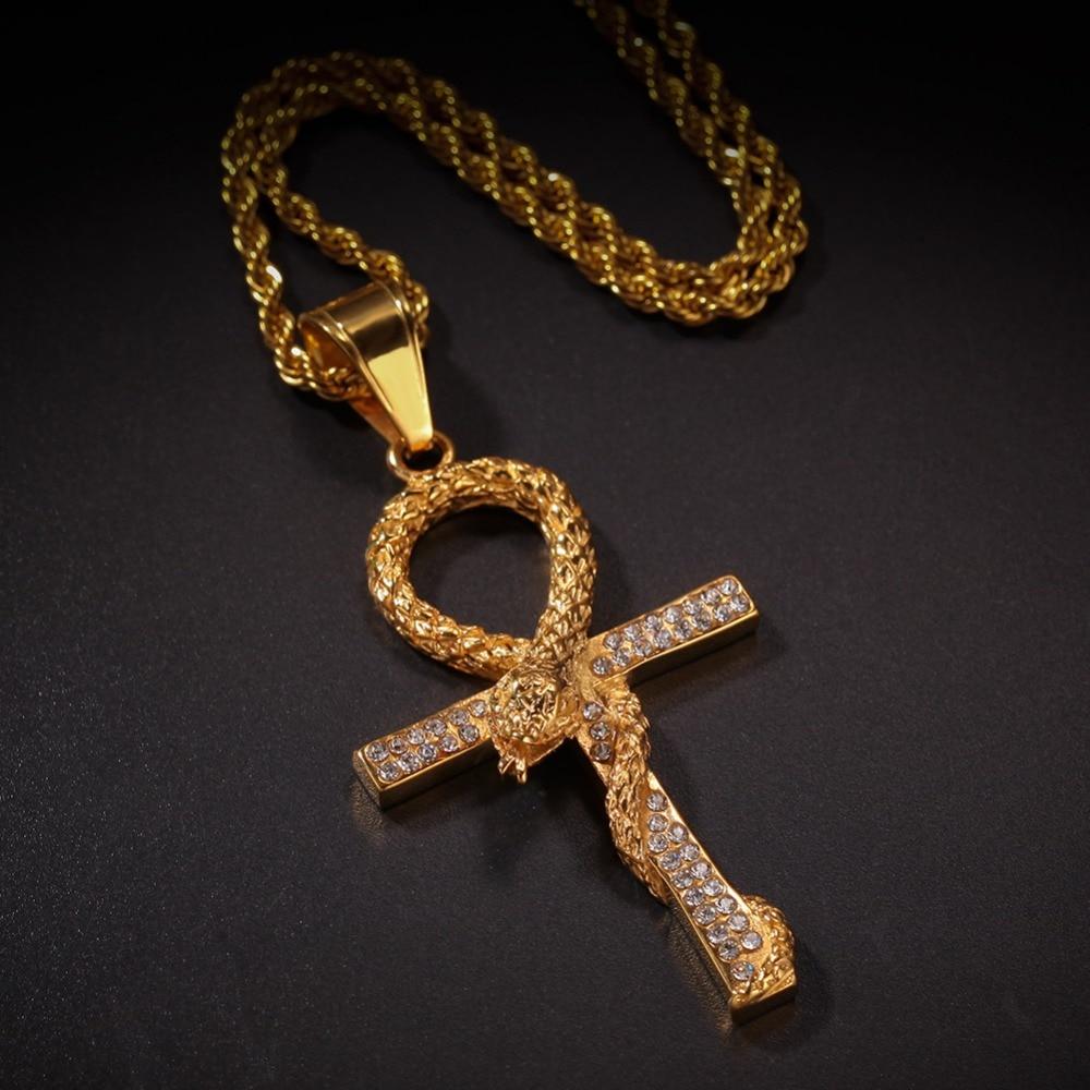 Metallic Snake Ankh Pendant with Cubic Zirconia Crystals Necklace ...