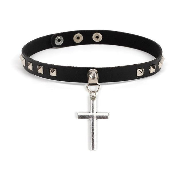 Black Leather Gothic Cross Choker Necklace - Innovato Design