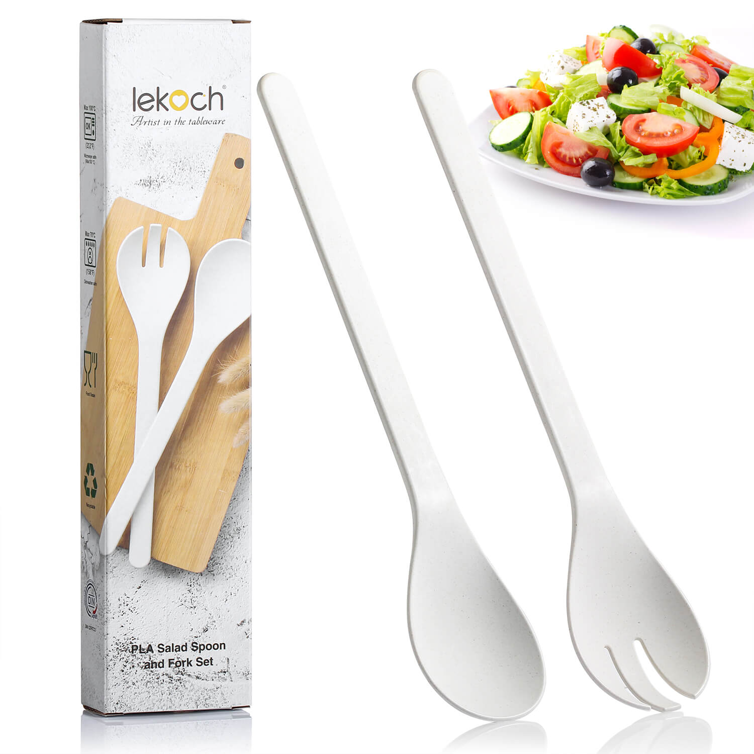 Gold White Wood Serving Utensils Kitchen Utensil Set Wooden Spoon and Fork Cooking  Utensils Salad Serving Utensil Set Set of 2 