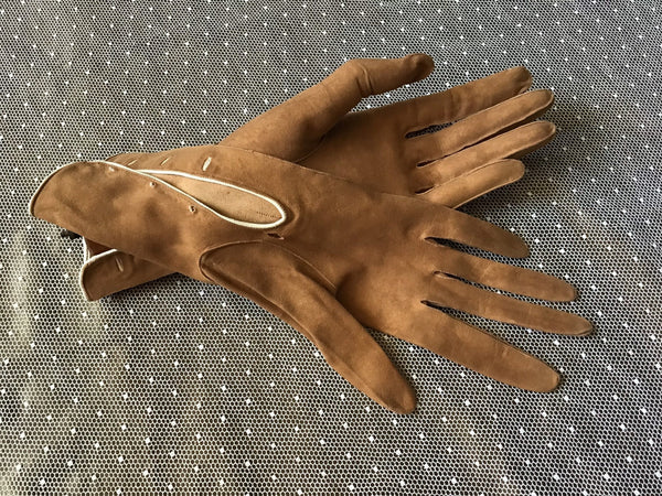 Tan kidskin Art Deco gloves with button cuff, French gloves, Vintage gloves 2