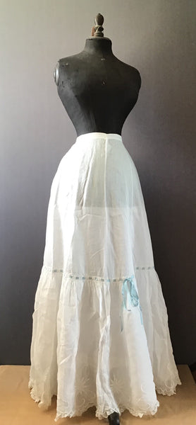 1800s Cotton petticoat with deep embroidered flounce trimmed with lace and silk ribbon 0