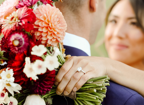 woman showcasing her newly proposed to diamond engagement ring