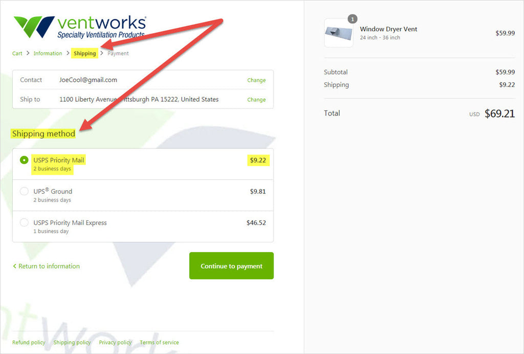 Shipping Method Section Located In The Cart Of vent-works.com