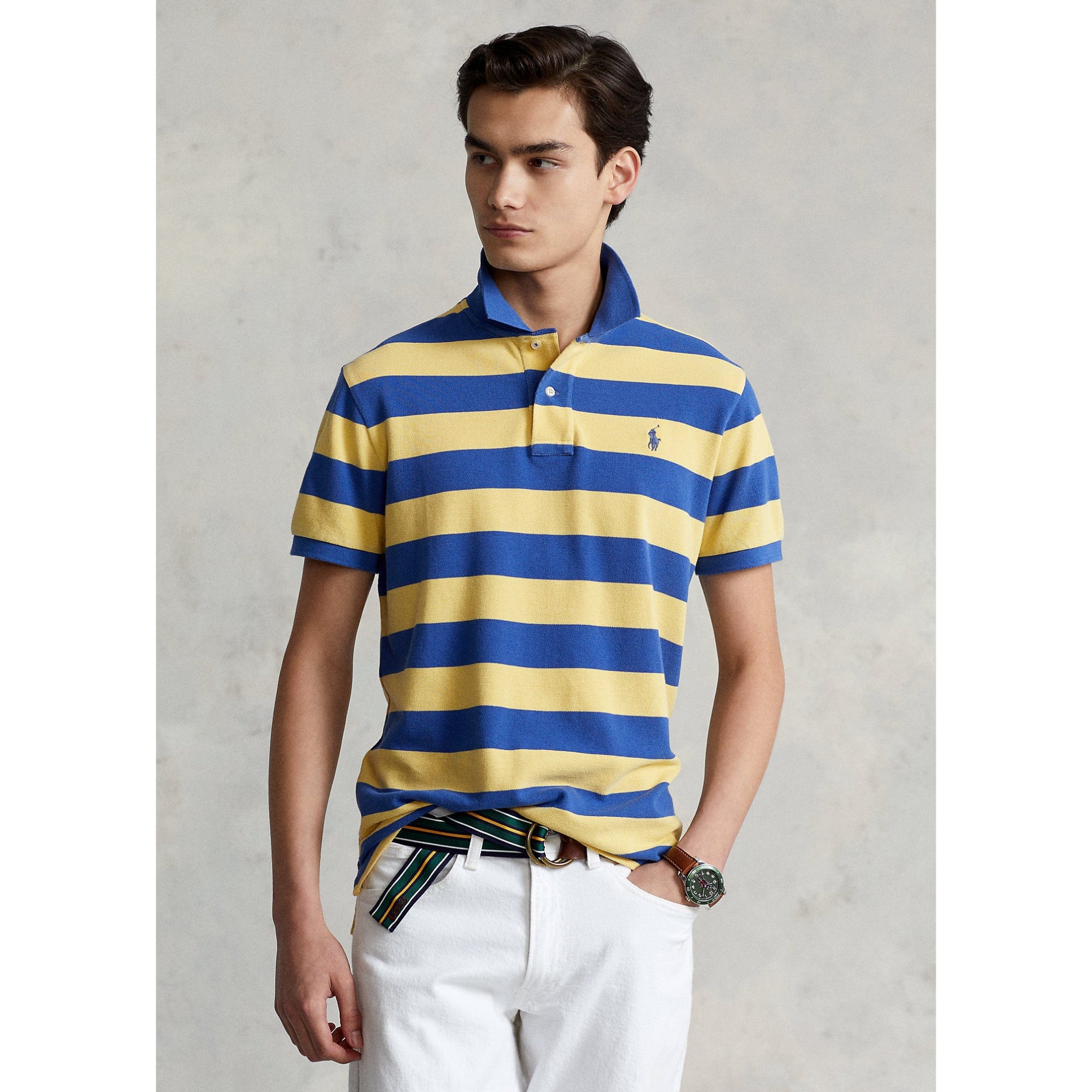 yellow and blue striped polo shirt