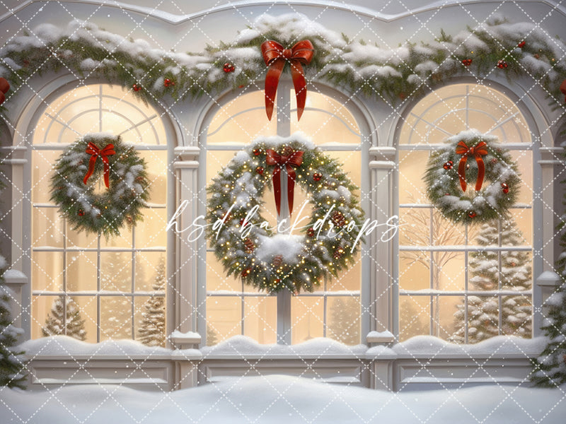 Christmas Windows backdrop with snowy winter scene 