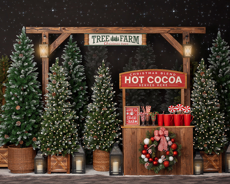 Christmas Tree Farm Backdrop with Lights & Hot Chocolate Stand