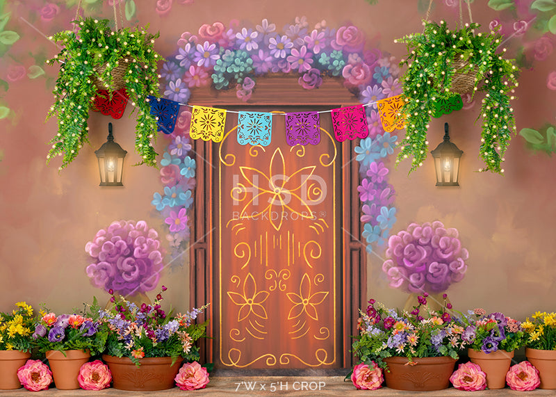 Magical door cake smash photo backdrop with flowers and encanto (charm)