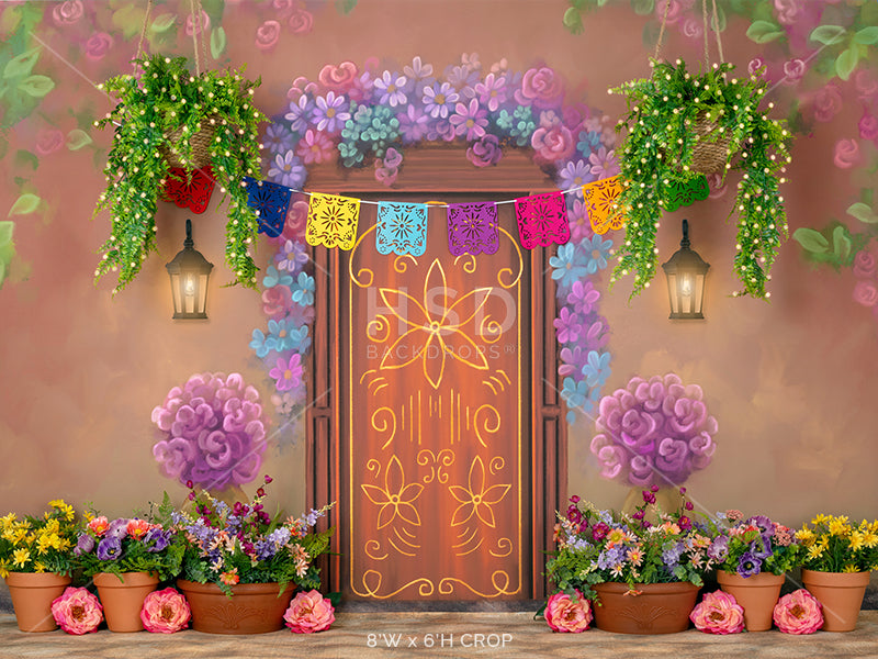 Magical door cake smash photo backdrop with flowers and encanto (charm)