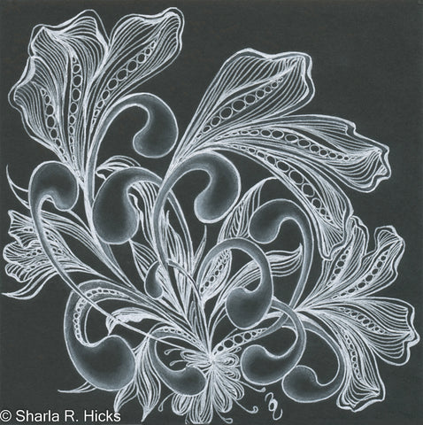 Mooka on Black Botanical by Sharla R. Hicks Artist, Certified Zentangle Teacher, CZT