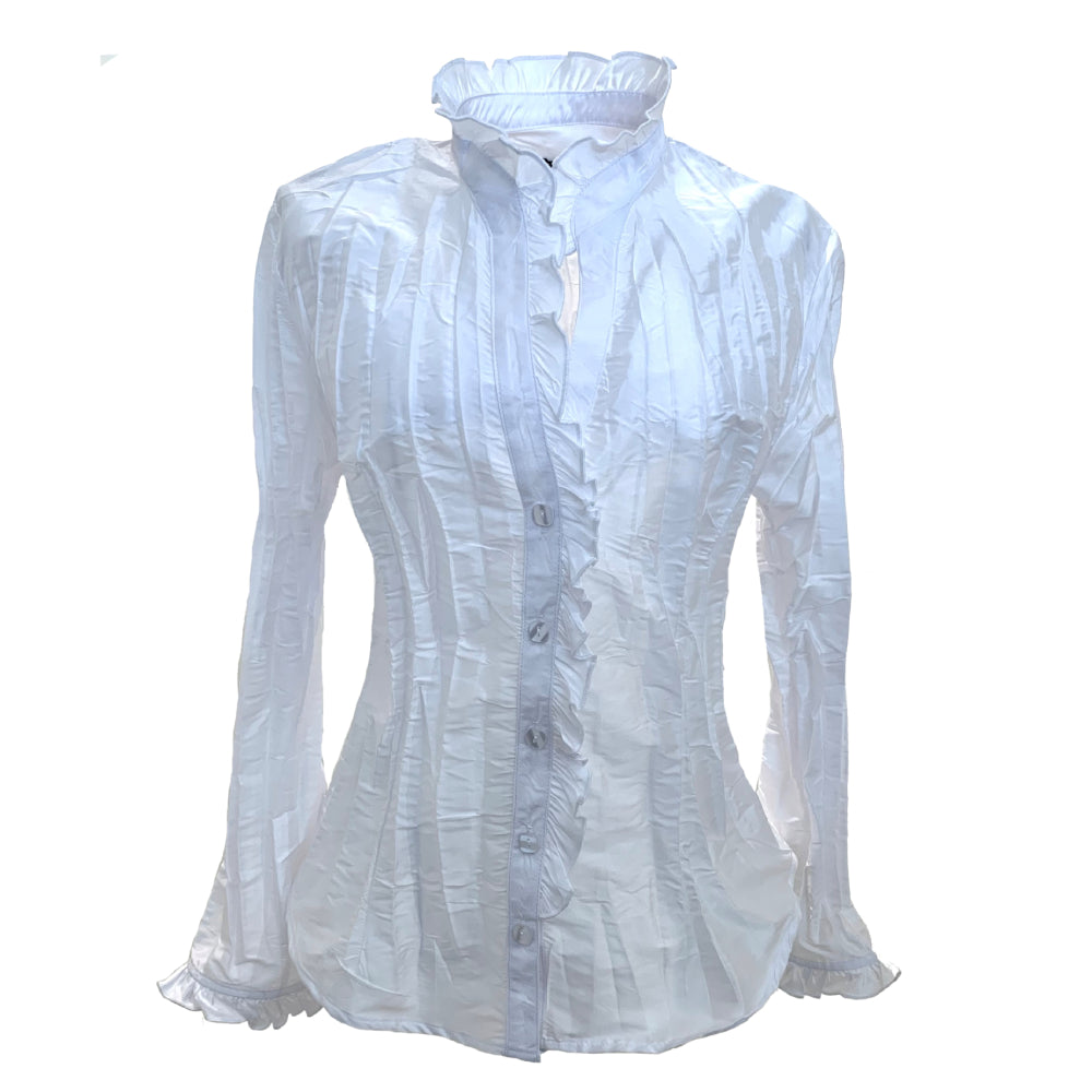 This blouse has a ruffle trim instead of a classic collar and the ruffles are also going down along the button line, as well as on the trim of the sleeves. The buttons are white. 