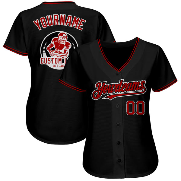 Custom Team Black Baseball Authentic White Red Strip Jersey Red