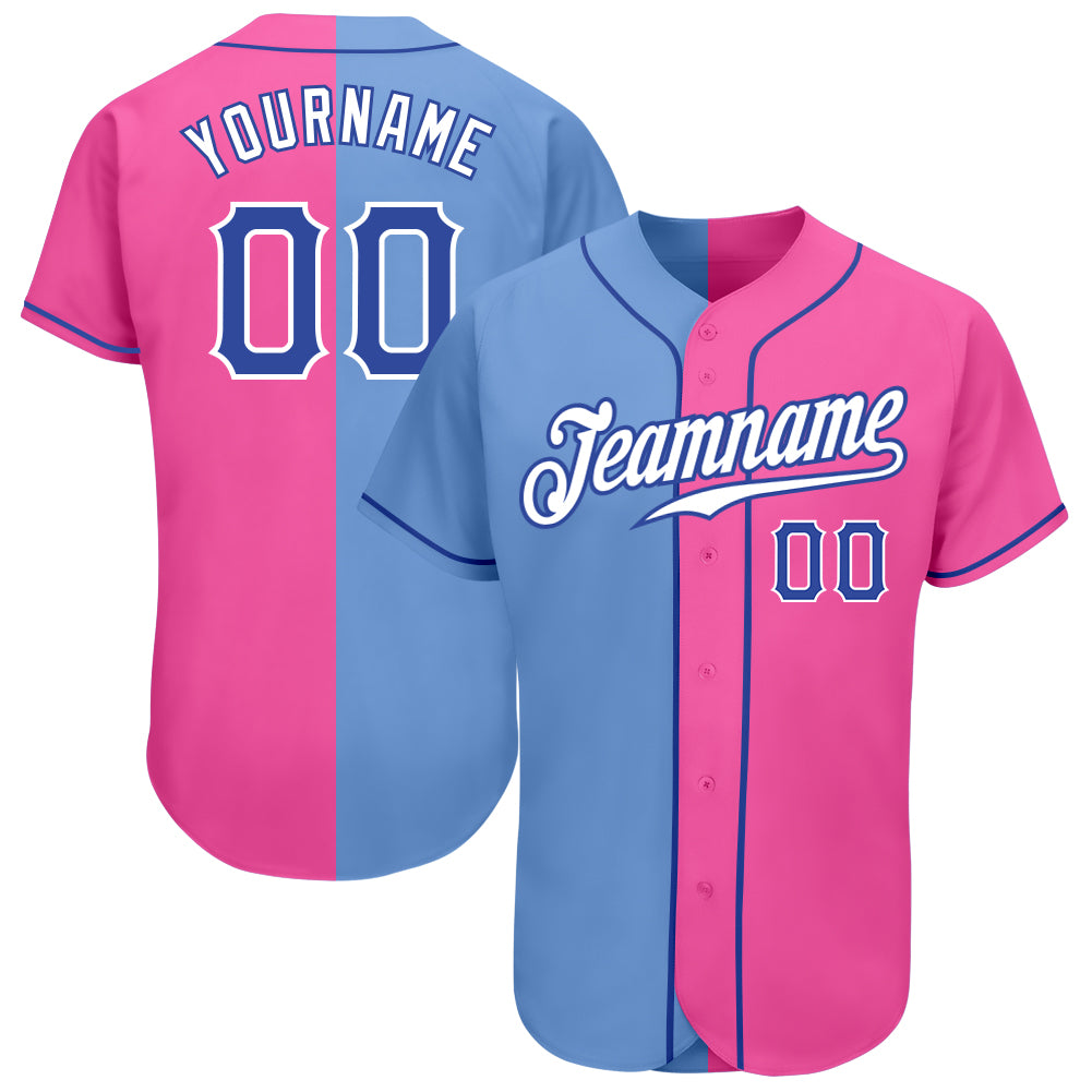 Custom Pink Royal-Light Blue Authentic Split Fashion Baseball Jersey ...