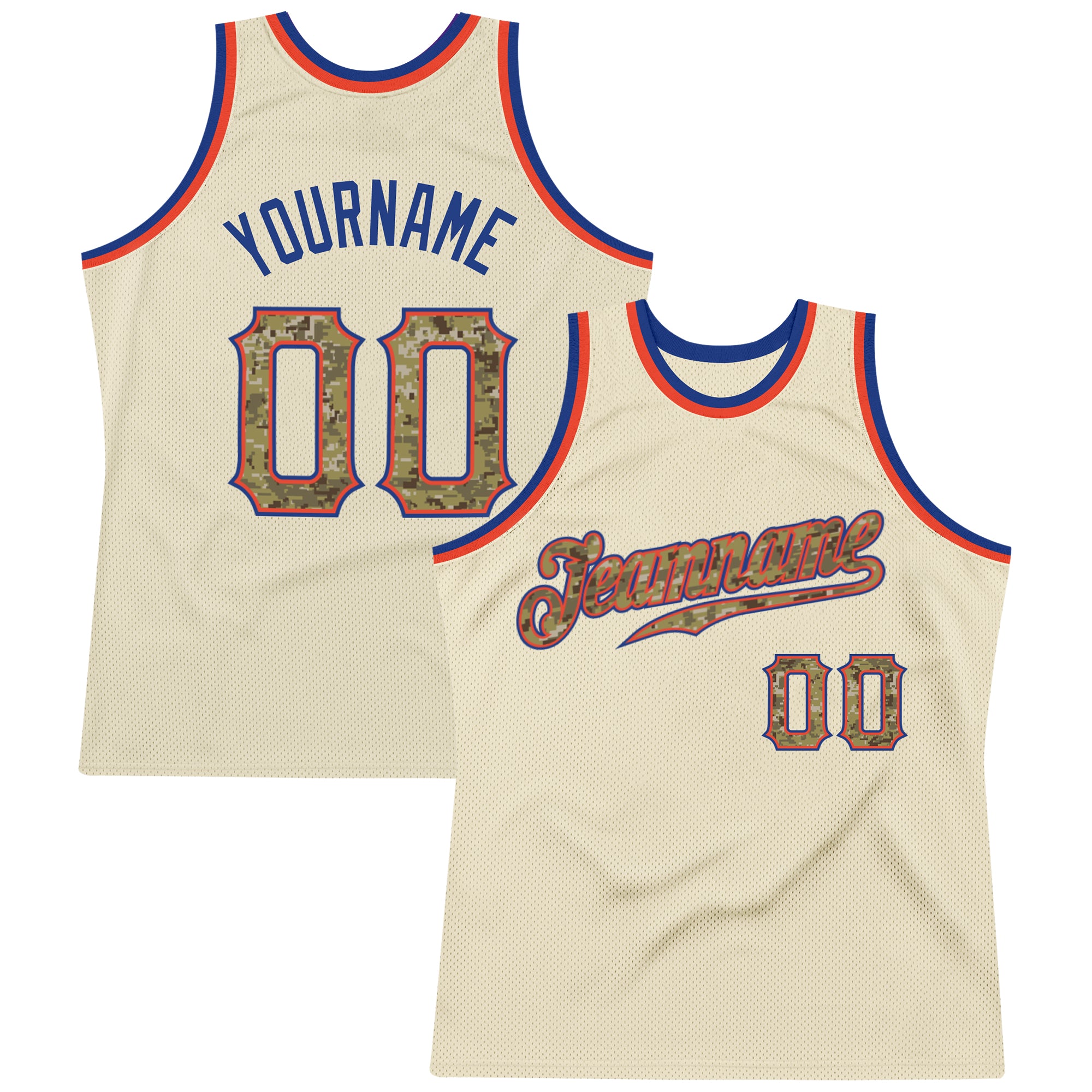 Custom Basketball Jersey Cream Camo-Royal Authentic Throwback - Personalized Name, Number, Team Logo