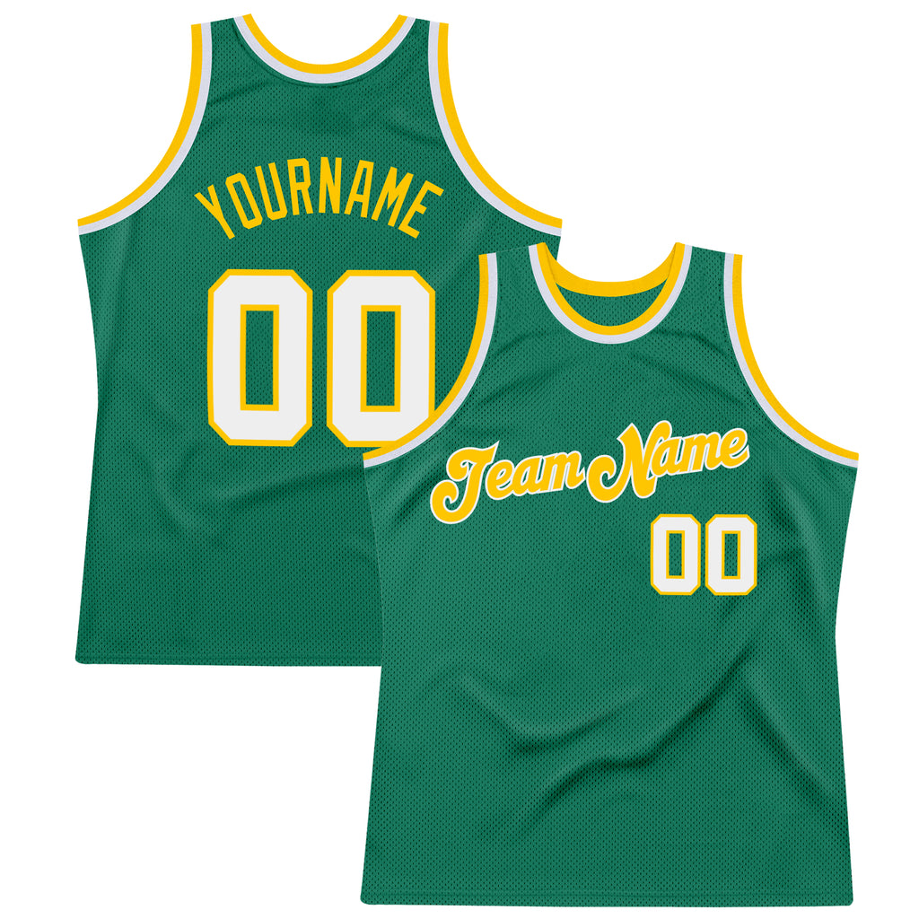 Custom Own Kelly Green White Gold Authentic Basketball Stitched Jersey ...