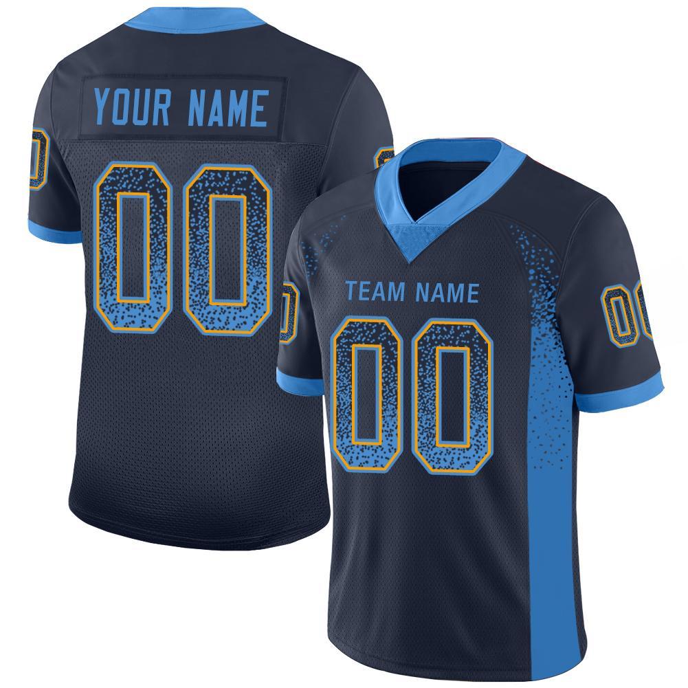 Custom Navy Powder Blue-Gold Mesh Drift Fashion Football Jersey – Fiitg