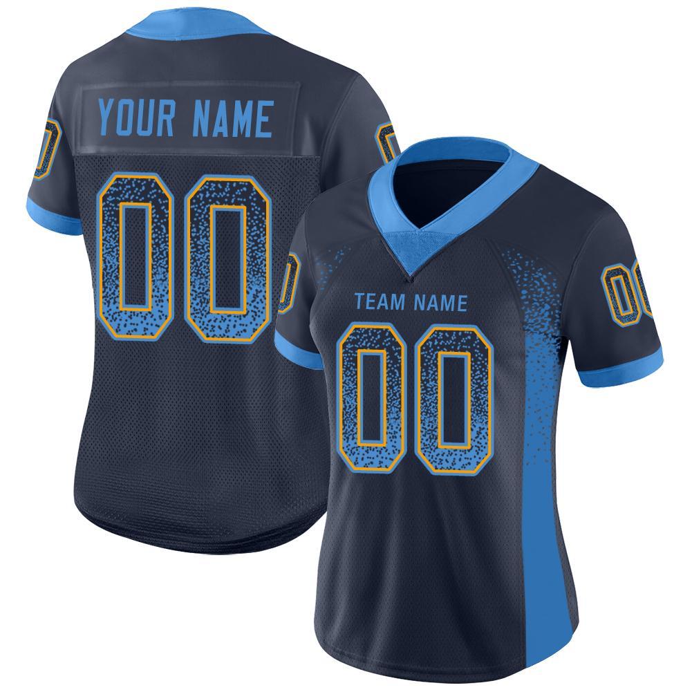 Custom Navy Powder Blue-Gold Mesh Drift Fashion Football Jersey – Fiitg