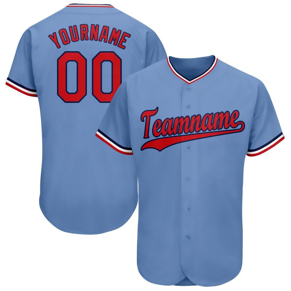 baby blue and red baseball jersey