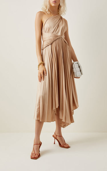 Acler Kalora Pleated Satin One-Shoulder Midi Dress