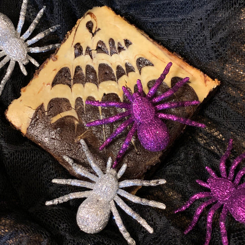 toy spiders on gluten free brownie Halloween