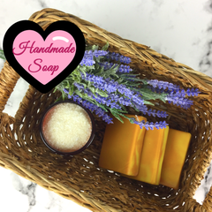 Handcrafted Soap in a rectangle wicker basket with lavender