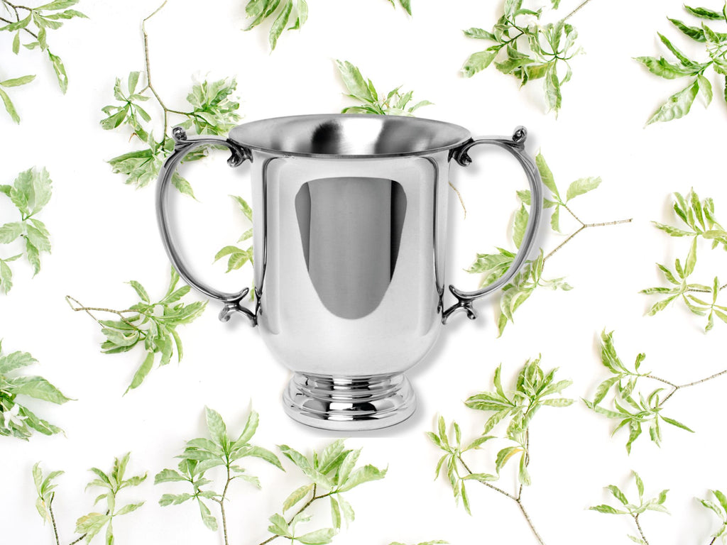 silver trophy cup with green flower background