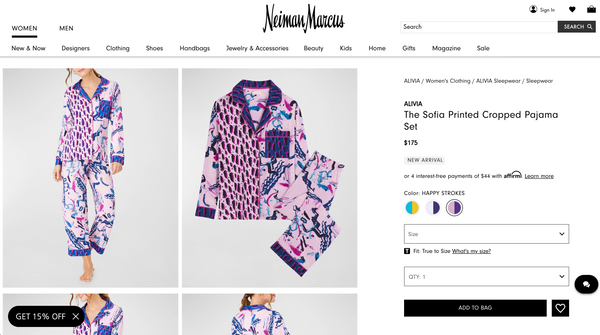 Screenshot of Alivia pajamas on Neiman Marcus website