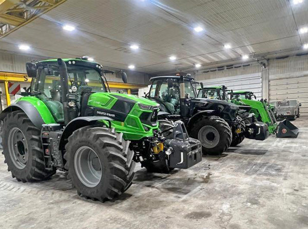 Deutz Fahr tractors lined up on in workshop