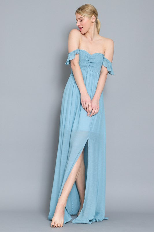 blue off shoulder maxi dress