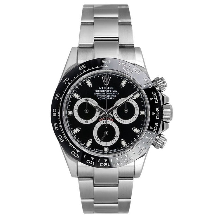This oystersteel Rolex comes with a black dial and three white subdials . With steel hands and white hour markers